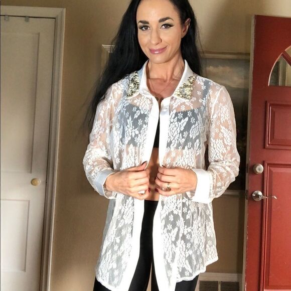 Midnight Velvet Tops - Midnight Velvet lace embellished button down top